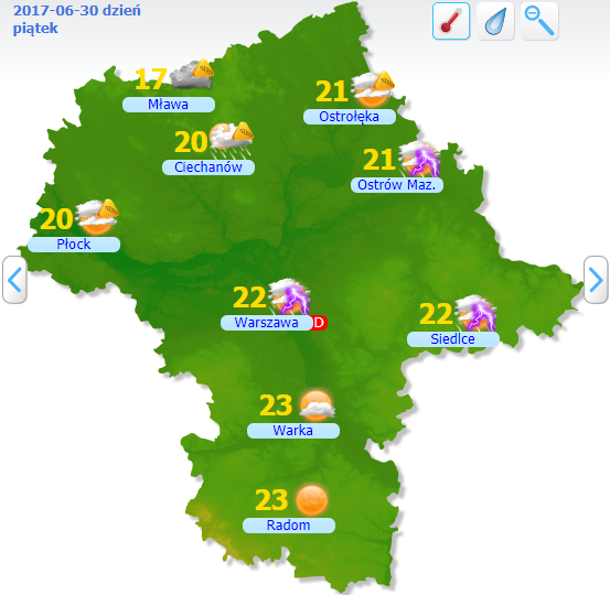 Mapa woj. Mazowieckiego - temperatury